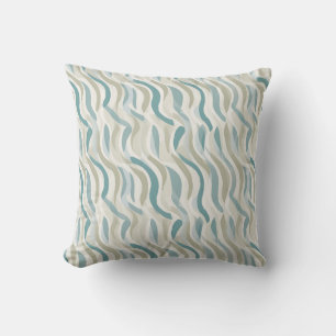 Beige and Teal Blue Abstract Wave Pattern Throw Pillow