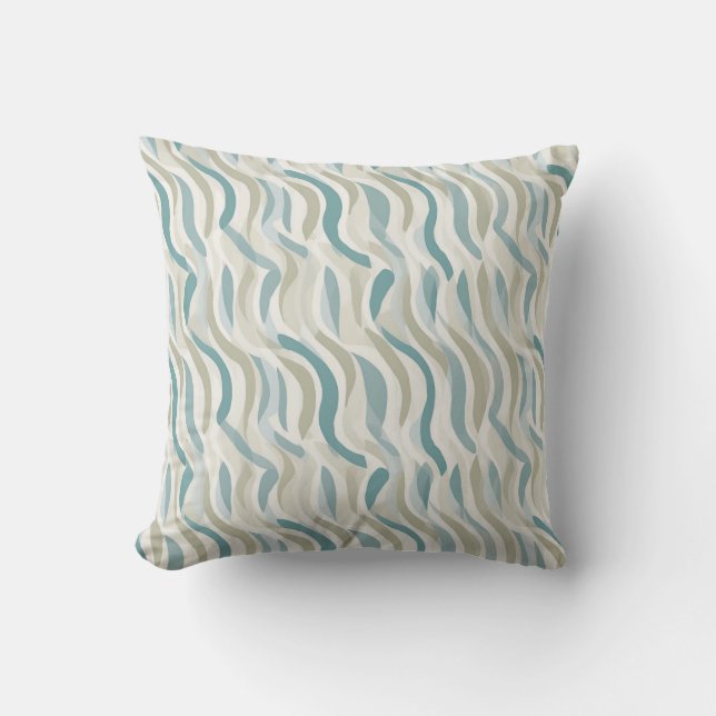 Beige and Teal Blue Abstract Wave Pattern Throw Pillow (Front)