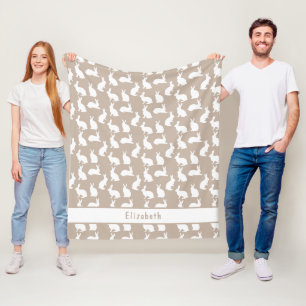 Beige And White Bunny Pattern With Name Easter Fleece Blanket