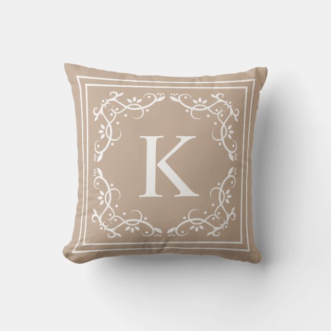Beige And White Decorative Frame Custom Monogram Throw Pillow (Front)