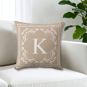 Beige And White Decorative Frame Custom Monogram Throw Pillow