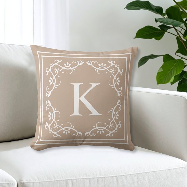 Beige And White Decorative Frame Custom Monogram Throw Pillow (Creator Uploaded)
