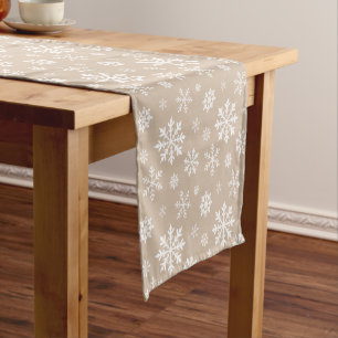 Beige And White Festive Winter Snowflake Pattern Short Table Runner
