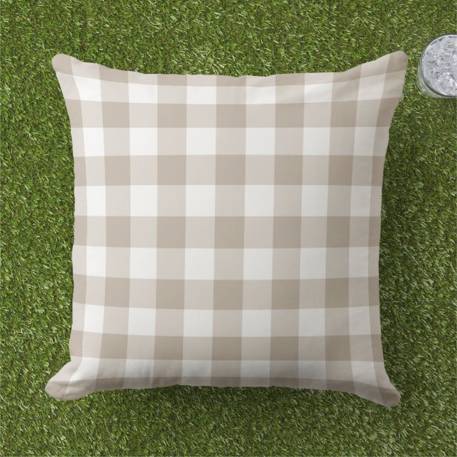 Beige and White Gingham Plaid Farmhouse Pattern Outdoor Pillow (Grass)