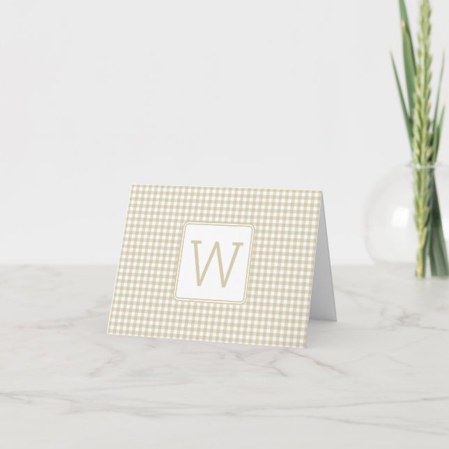 Beige and White Gingham Plaid Monogram Note Card (Front)