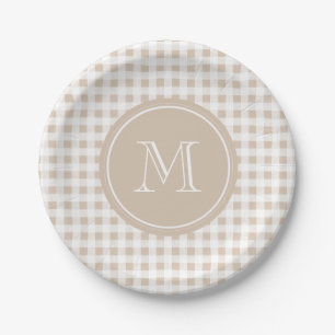 Beige and White Gingham, Your Monogram Paper Plate