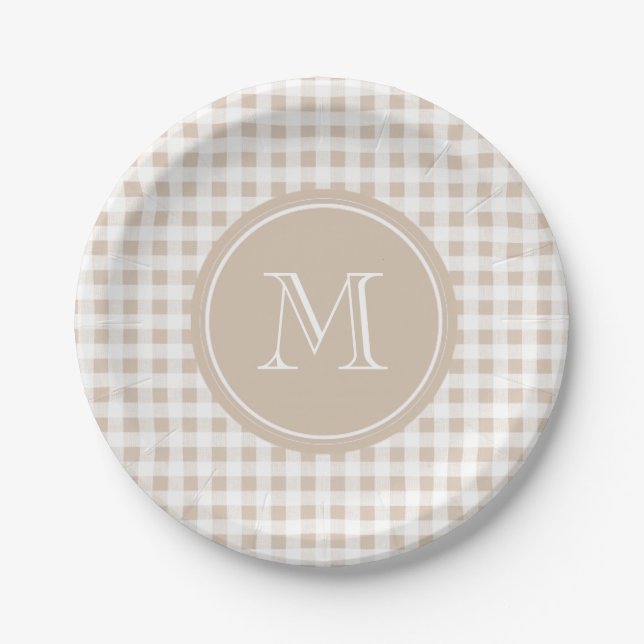 Beige and White Gingham, Your Monogram Paper Plate (Front)