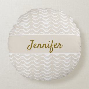 Beige and White Nautical Waves Coastal Home Round Pillow