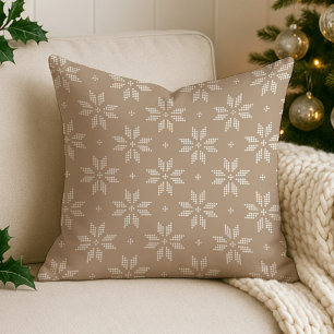 Beige and White Nordic Snowflake Holiday Throw Pillow