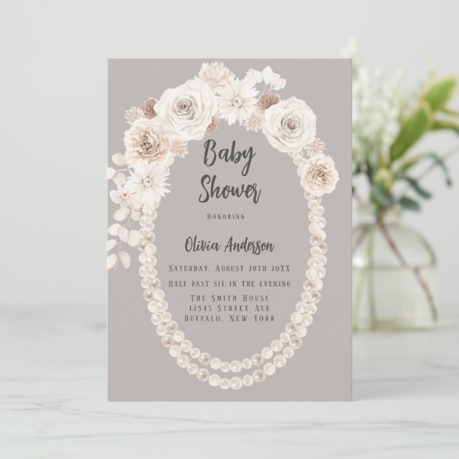 Beige and White Pearls and Florals Baby Shower Invitation (Standing Front)