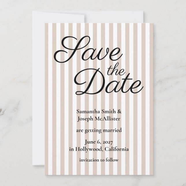 Beige and White Stripe Save The Date (Front)