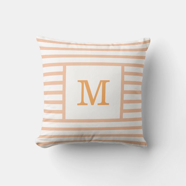 Beige and White Stripes Custom Monogram Cotton Throw Pillow (Front)