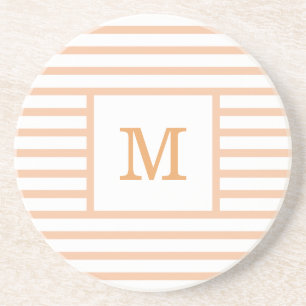 Beige and White Stripes Custom Monogram Sandstone Coaster