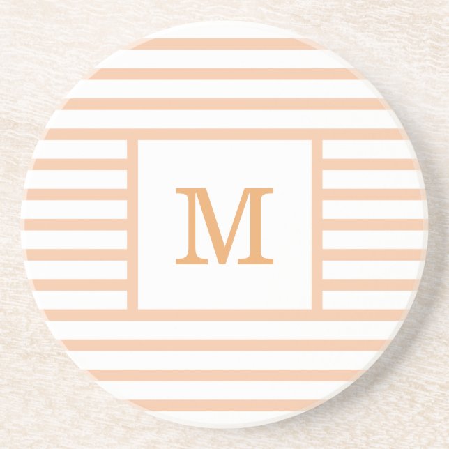 Beige and White Stripes Custom Monogram Sandstone Coaster (Front)