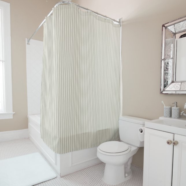 Beige and White Ticking Stripe Shower Curtain (In Situ)