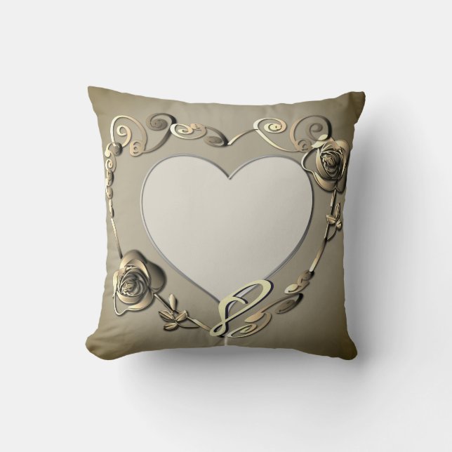 Beige Anniversary Rose Heart Frame 1 Photo Throw Pillow (Front)
