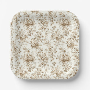 Beige Antique Floral Bouquet Toile Paper Plates