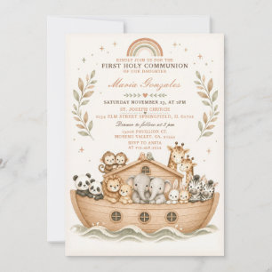 Beige Ark Animals Rainbow First Holy Communion Invitation