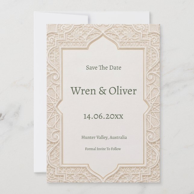 Beige Art Deco Save the Date Card (Front)