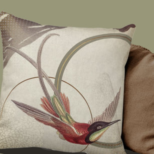 Beige Artistic Hummingbird Design   Green Throw Pillow