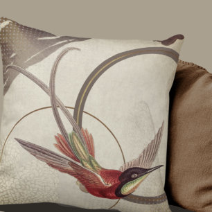 Beige Artistic Hummingbird Design Taupe Throw Pillow