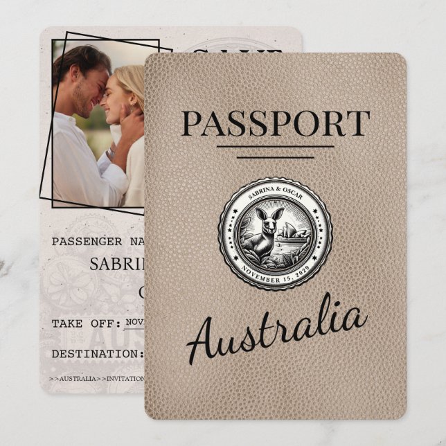 Beige Australia Passport Save The Date (Front/Back)