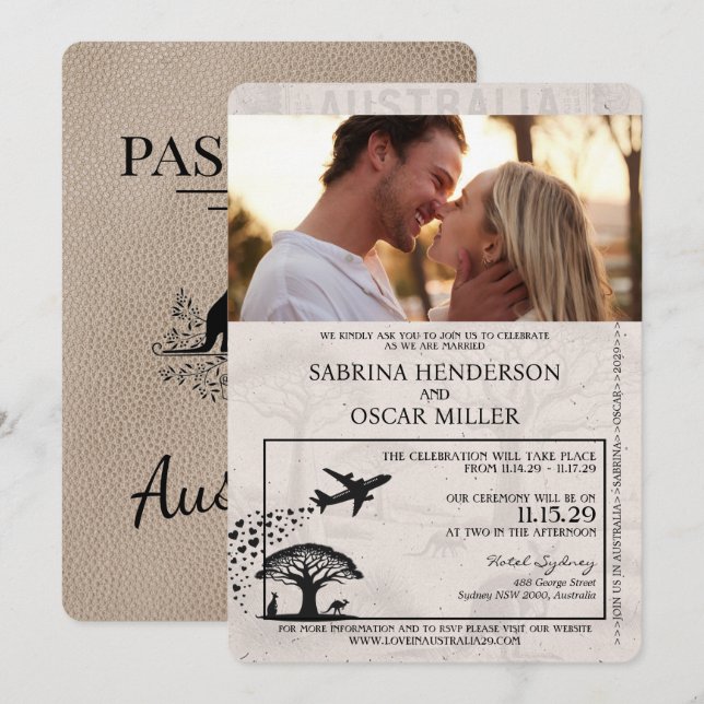 Beige Australia Passport Wedding Invitation (Front/Back)
