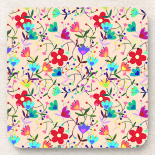 Beige Background Colourful Floral Pattern Coaster