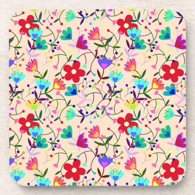 Beige Background Colourful Floral Pattern Coaster (Front)
