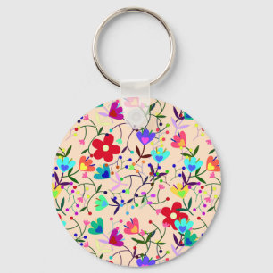 Beige Background Colourful Floral Pattern Keychain