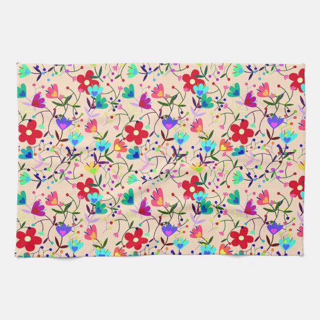 Beige Background Colourful Floral Pattern Kitchen Towel (Horizontal)