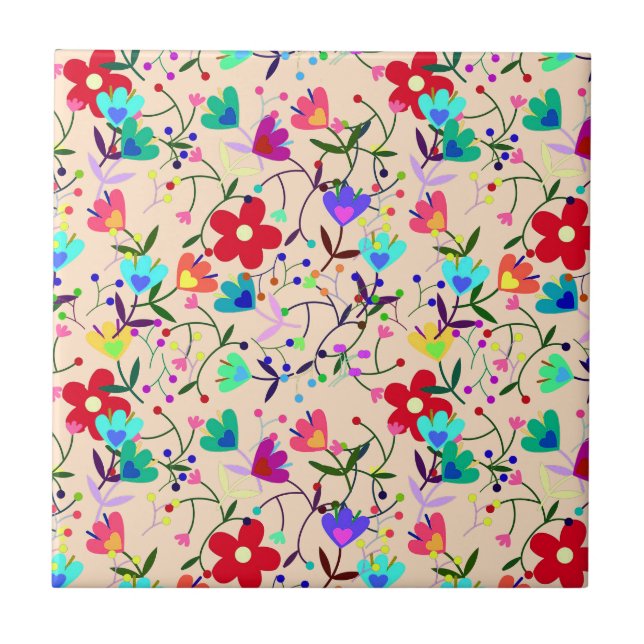 Beige Background Colourful Floral Pattern Tile (Front)