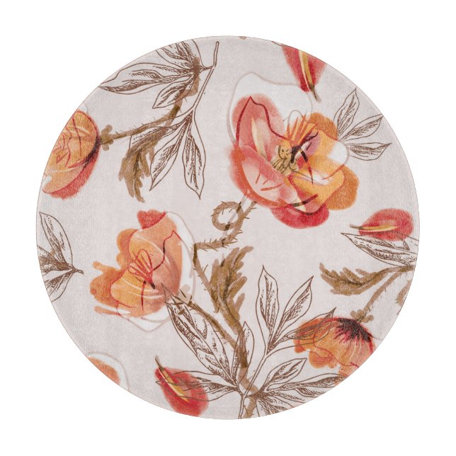 Beige Background Poppies Watercolor Pattern Cutting Board (Front)