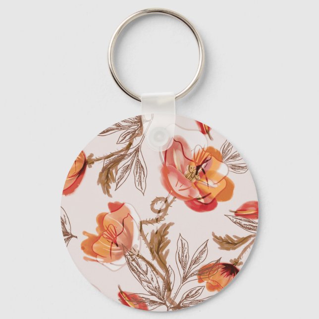 Beige Background Poppies Watercolor Pattern Keychain (Front)
