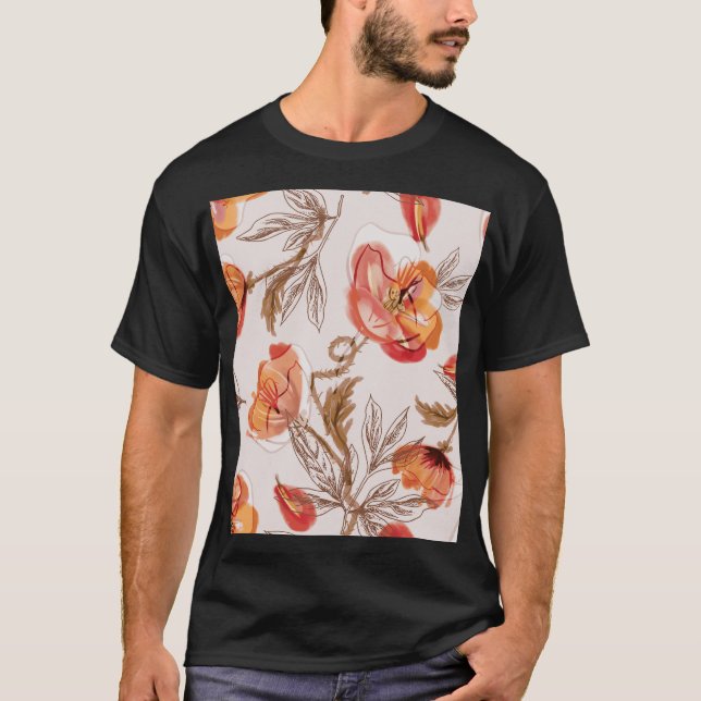 Beige Background Poppies Watercolor Pattern T-Shirt (Front)