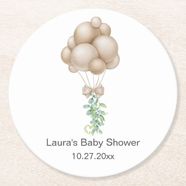 Beige Balloons Baby Shower Round Paper Coaster (Front)
