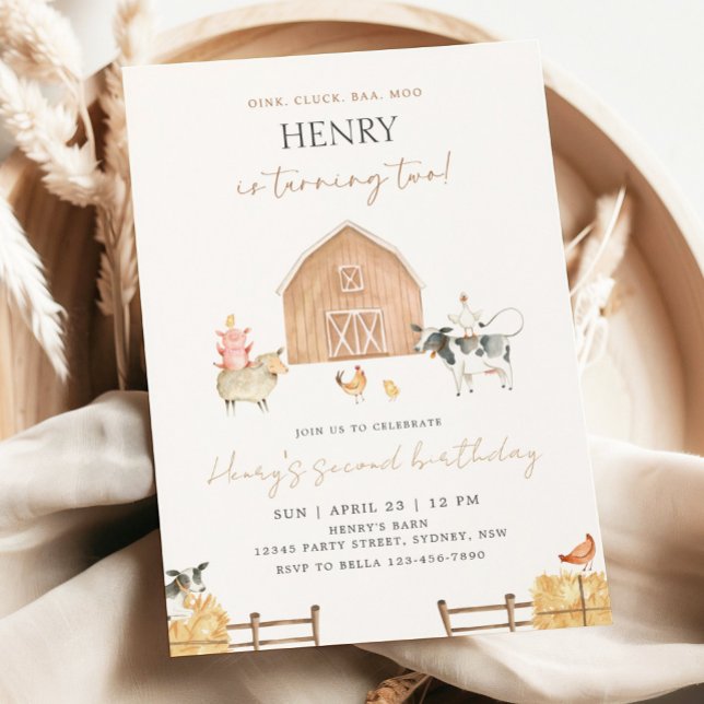 Beige Barn 2nd Birthday Farm Animals Party Invitation (Creator Uploaded)