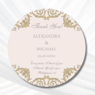 Beige Baroque Christian Wedding Thank You Classic Round Sticker