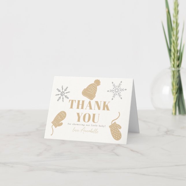 Beige Beanie & Gloves Baby Shower Thank You Card (Front)