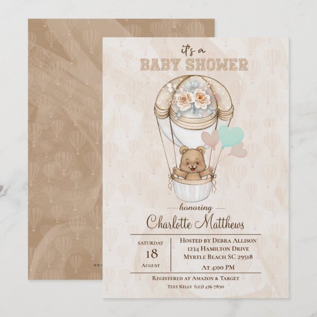    Beige Bear Hot Air Balloon Baby Shower Invitation (Front/Back)