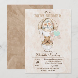    Beige Bear Hot Air Balloon Baby Shower Invitation