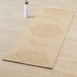 Beige Beautiful Mandala With Custom Name Yoga Mat