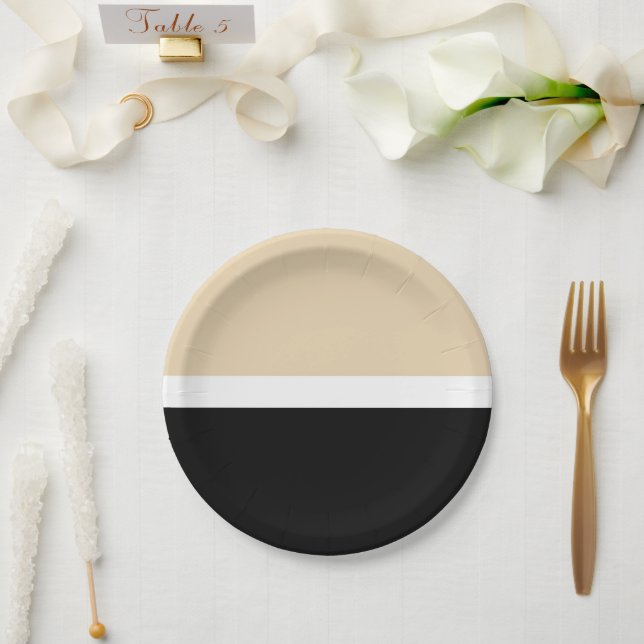 Beige Black Abstract Stripe Paper Plate (Wedding)