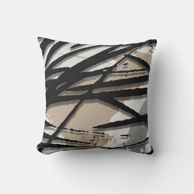 Beige & Black Abstract Watercolor Throw Pillow (Front)