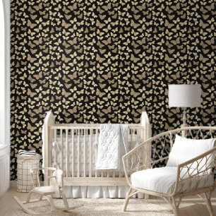 Beige Black Butterfly Pattern Wallpaper