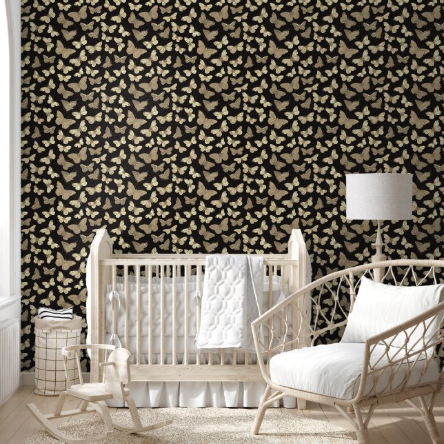Beige Black Butterfly Pattern Wallpaper (Kids)
