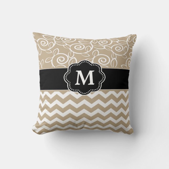 Beige Black Chevron Monogram Throw Pillow (Front)