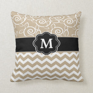 Beige Black Chevron Monogram Throw Pillow