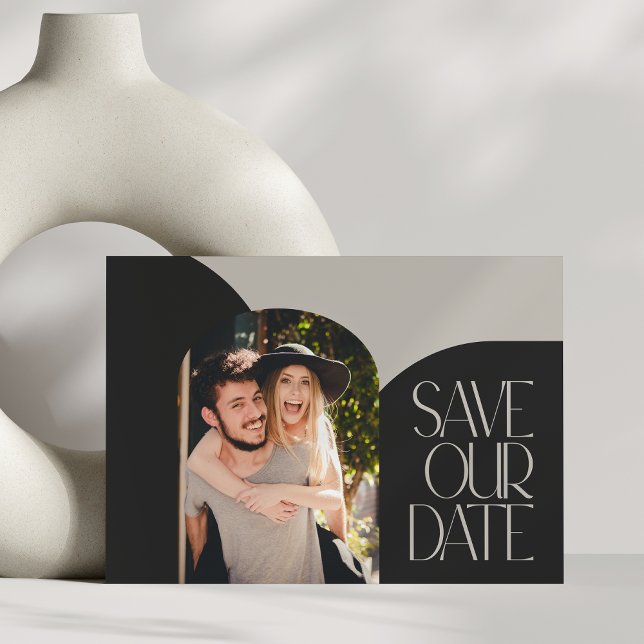 Beige Black Chic Modern Arch Photo Wedding Postcard (Creator Uploaded)