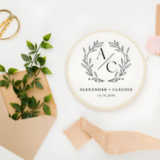 Beige & Black Elegant Personalized Wedding Logo Classic Round Sticker
